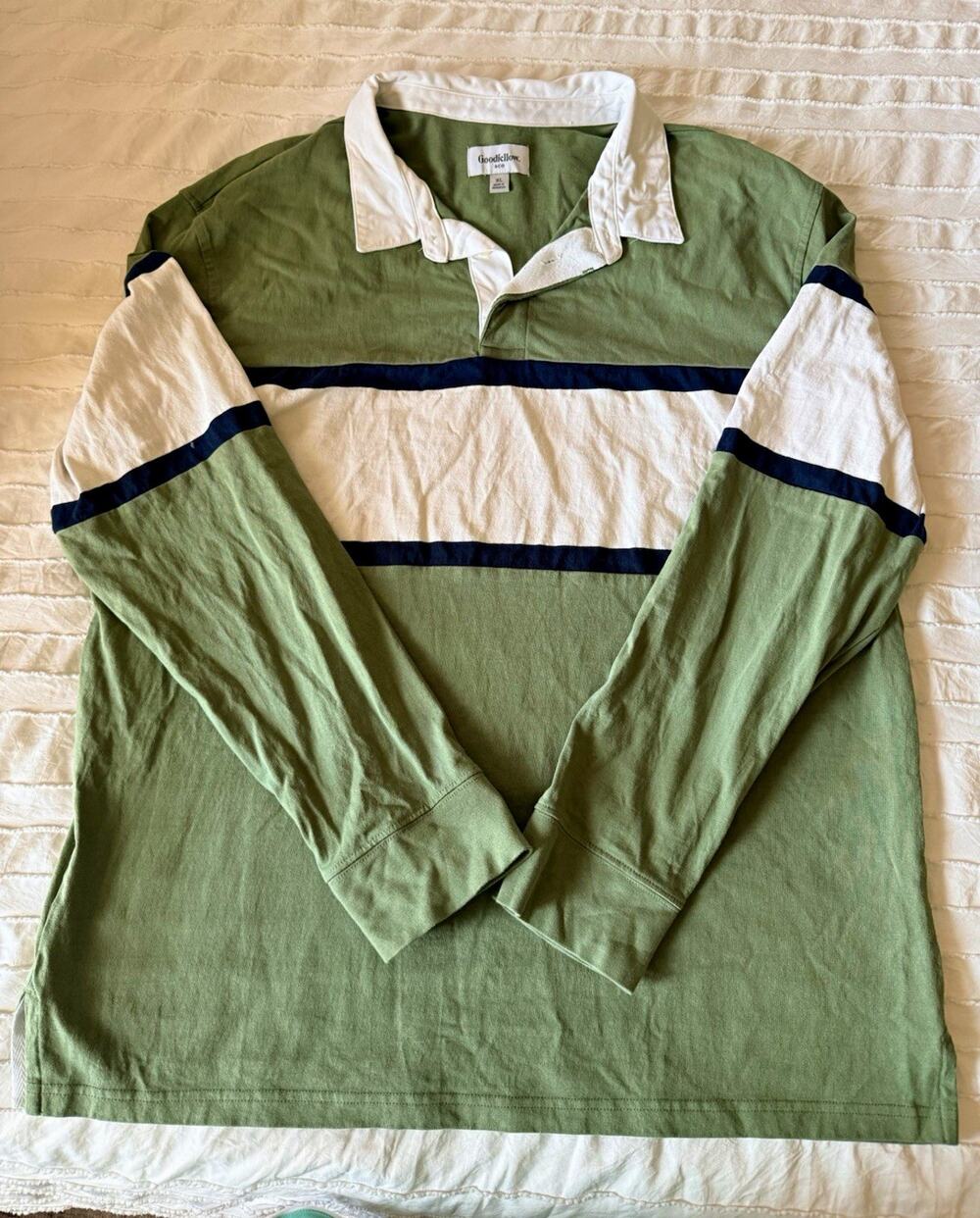 Goodfellow & Co Men's XL Striped Long Sleeve Polo Green White Blue